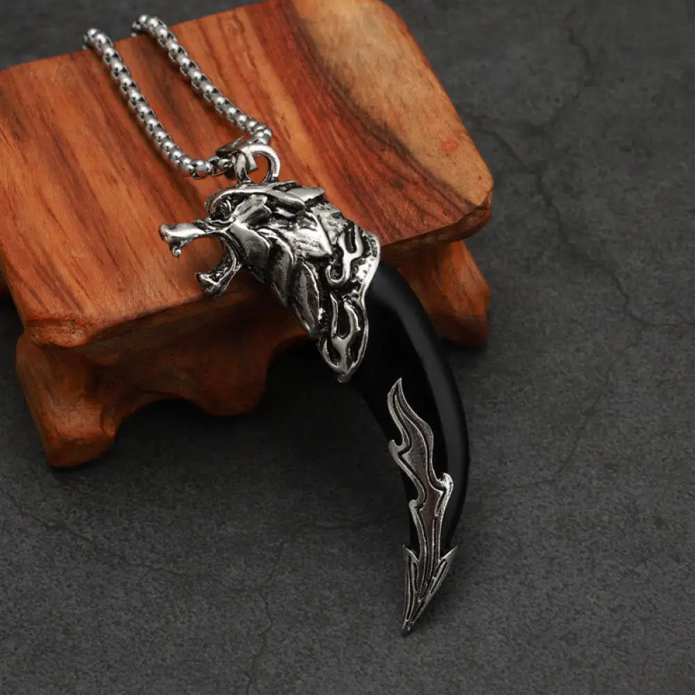 Buddha Stones Imitation Wolf Tooth Titanium Steel Balance Necklace Pendant - BWOOOH - Black Imitation Wolf Tooth