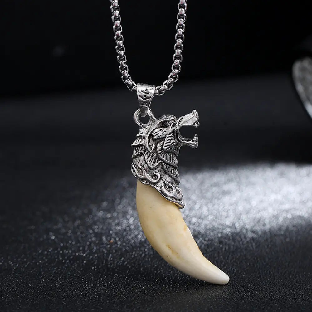 Buddha Stones Imitation Wolf Tooth Titanium Steel Balance Necklace Pendant - BWOOOH - Silver Wolf Howling&amp;Imitation