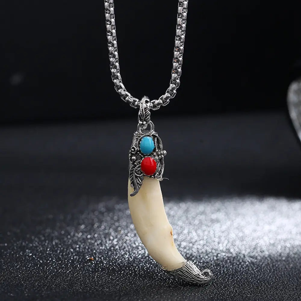 Buddha Stones Imitation Wolf Tooth Titanium Steel Balance Necklace Pendant - BWOOOH - Stone&amp;Imitation Wolf Tooth