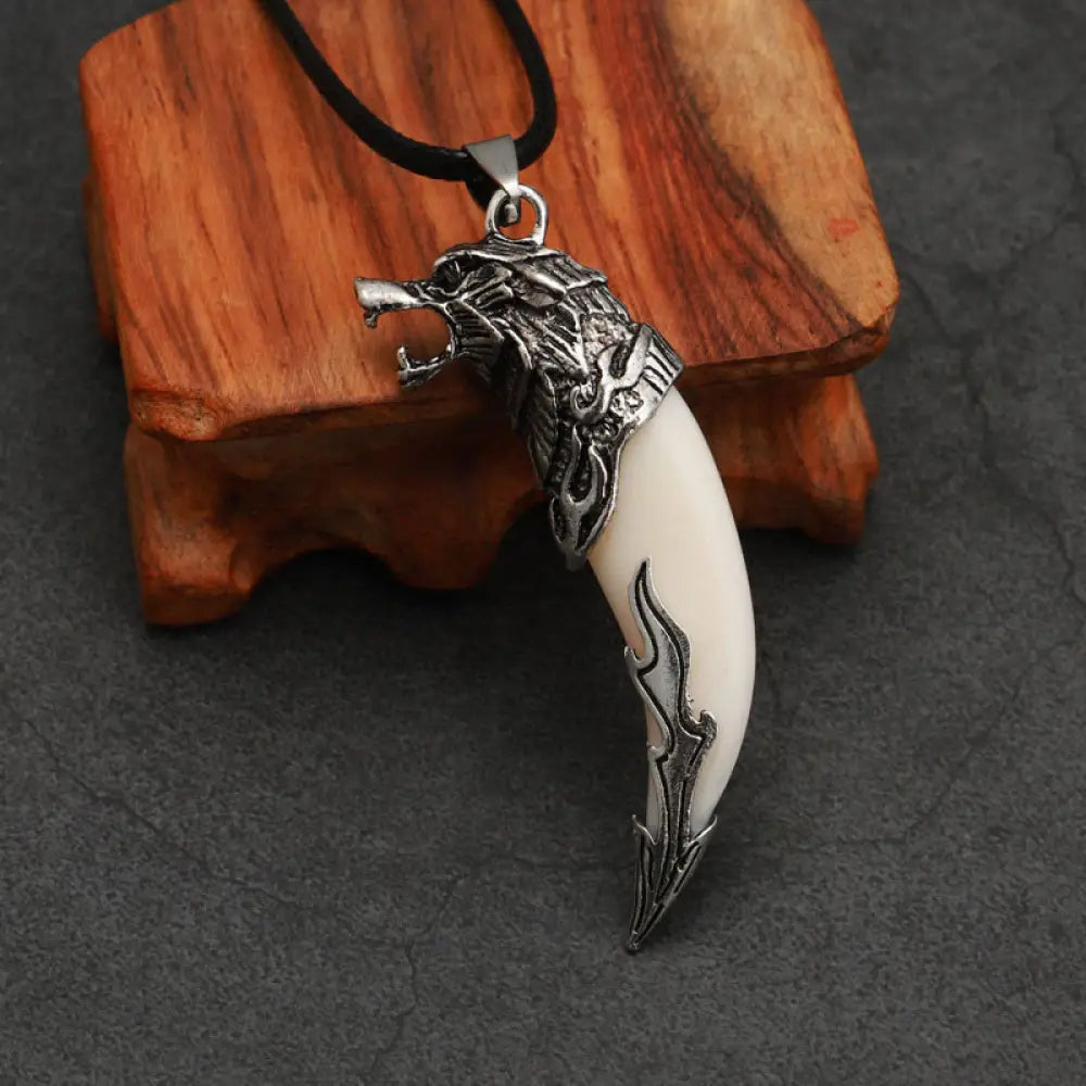 Buddha Stones Imitation Wolf Tooth Titanium Steel Balance Necklace Pendant - BWOOOH - White Imitation Wolf Tooth