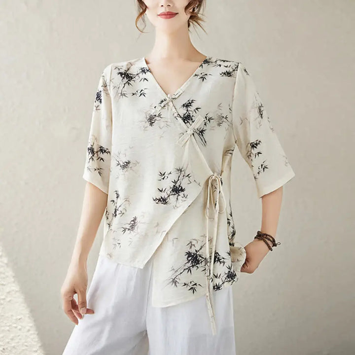 Buddha Stones Ink Bamboo Leaves Print V-Neck Lace-up Frog-Button Shirt T-shirt Tee - Linen / L(Fit for US4; UK/AU8;