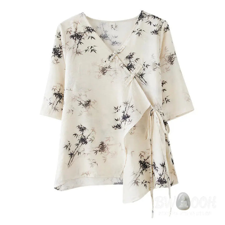 Buddha Stones Ink Bamboo Leaves Print V-Neck Lace-up Frog-Button Shirt T-shirt Tee - Women’s Shirts