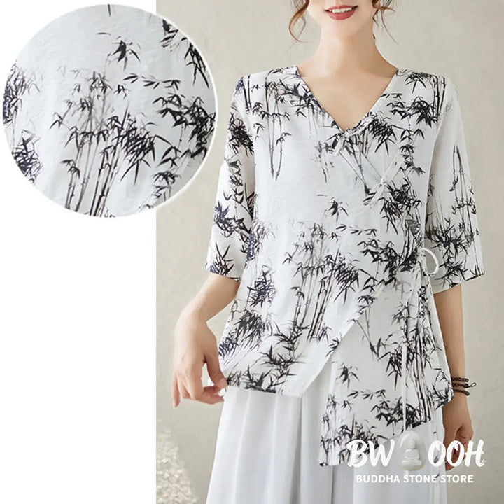 Buddha Stones Ink Bamboo Leaves Print V-Neck Lace-up Frog-Button Shirt T-shirt Tee - Women’s Shirts