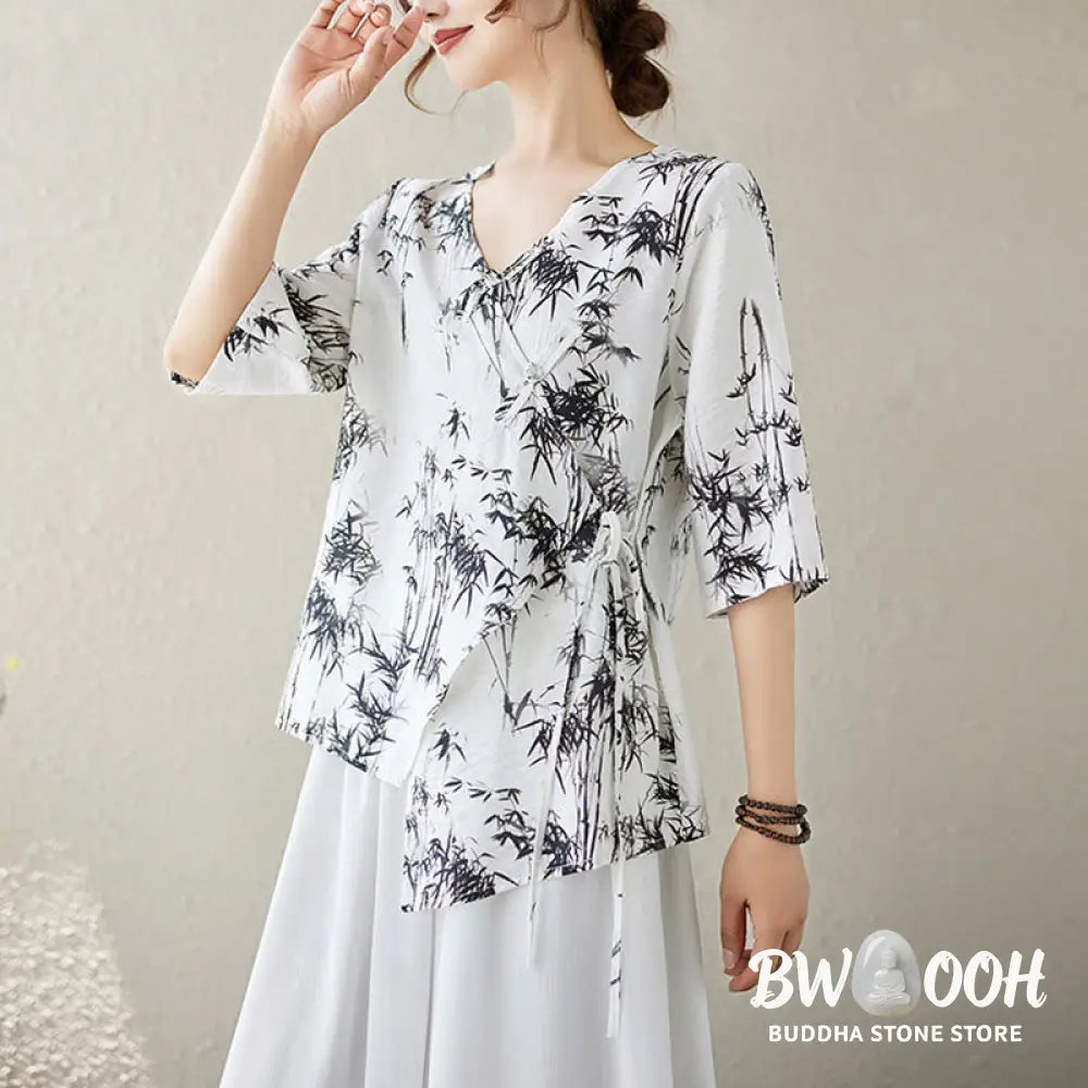 Buddha Stones Ink Bamboo Leaves Print V-Neck Lace-up Frog-Button Shirt T-shirt Tee - Women’s Shirts