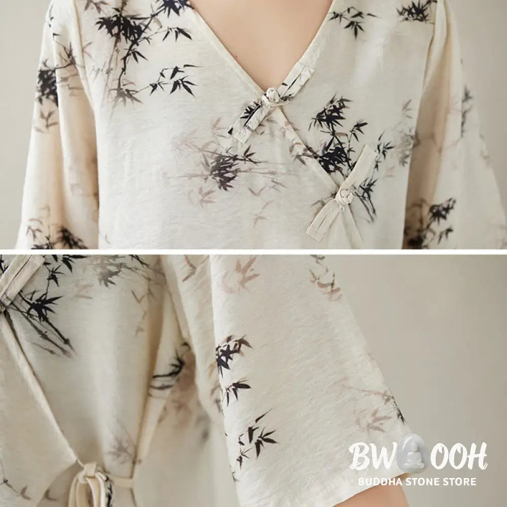 Buddha Stones Ink Bamboo Leaves Print V-Neck Lace-up Frog-Button Shirt T-shirt Tee - Women’s Shirts