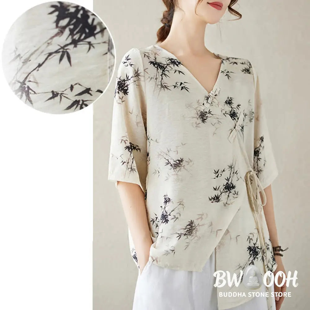 Buddha Stones Ink Bamboo Leaves Print V-Neck Lace-up Frog-Button Shirt T-shirt Tee - Women’s Shirts