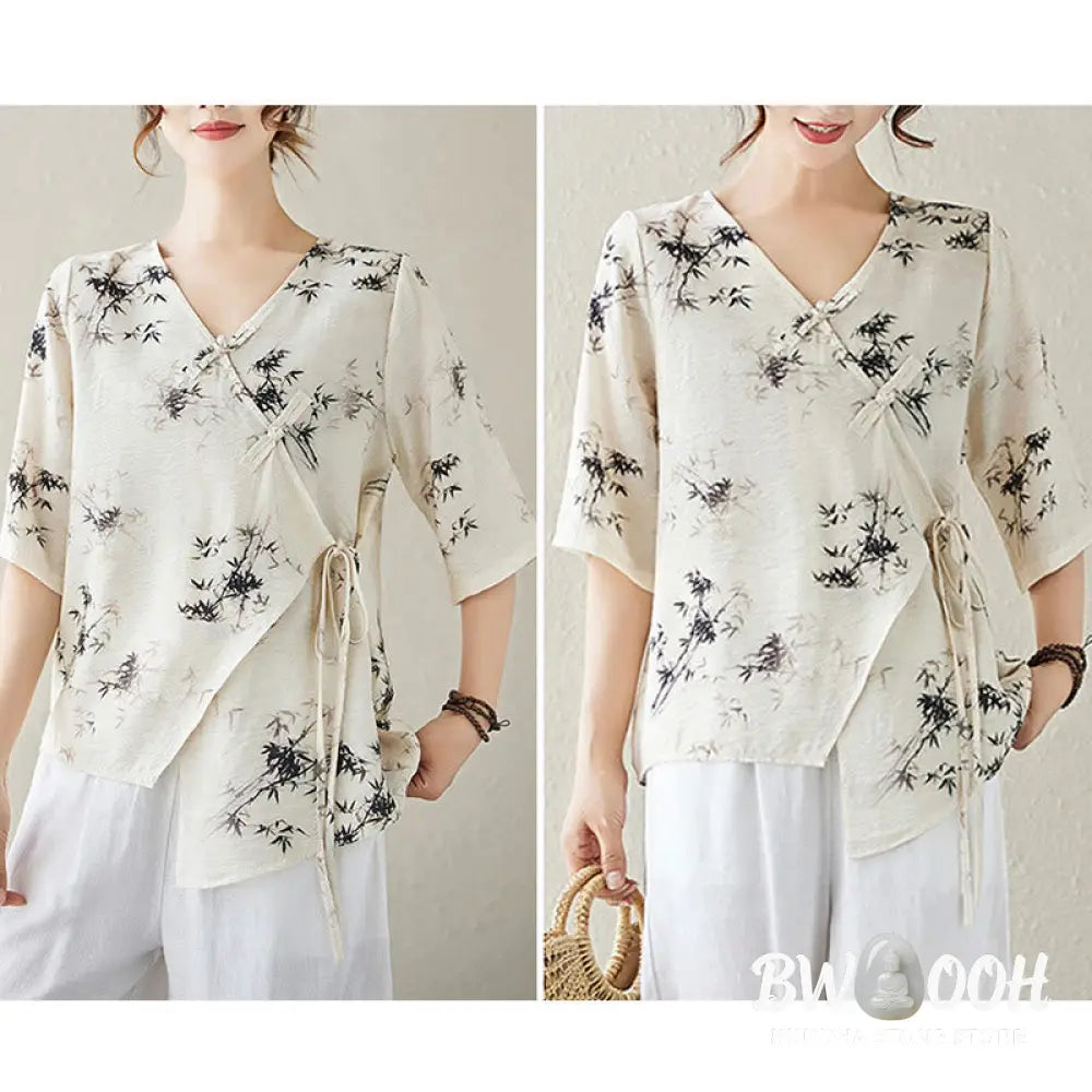 Buddha Stones Ink Bamboo Leaves Print V-Neck Lace-up Frog-Button Shirt T-shirt Tee - Women’s Shirts