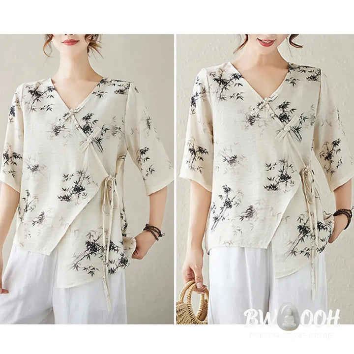Buddha Stones Ink Bamboo Leaves Print V-Neck Lace-up Frog-Button Shirt T-shirt Tee - Women’s Shirts