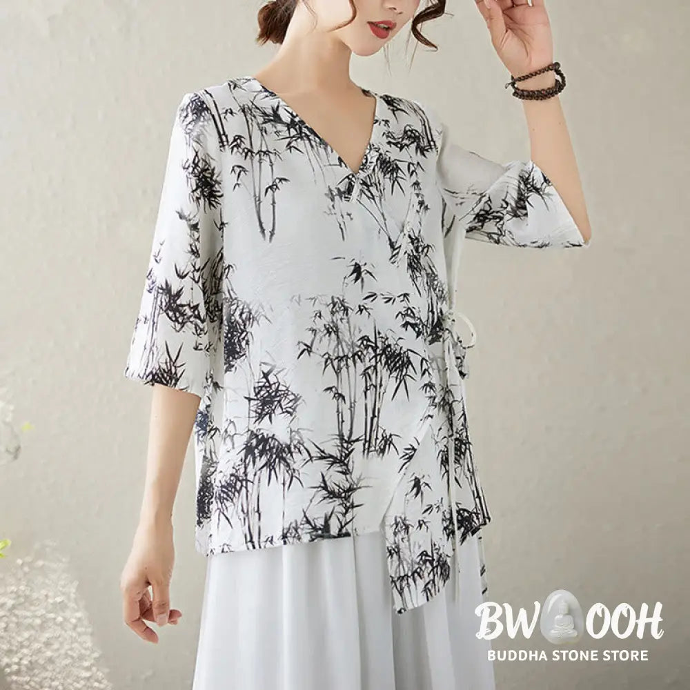 Buddha Stones Ink Bamboo Leaves Print V-Neck Lace-up Frog-Button Shirt T-shirt Tee - Women’s Shirts