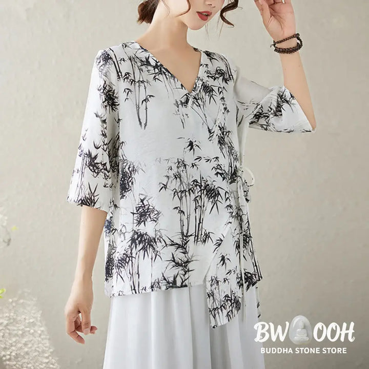 Buddha Stones Ink Bamboo Leaves Print V-Neck Lace-up Frog-Button Shirt T-shirt Tee - Women’s Shirts