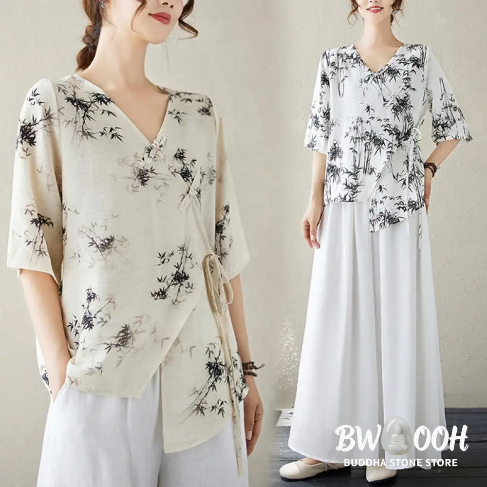 Buddha Stones Ink Bamboo Leaves Print V-Neck Lace-up Frog-Button Shirt T-shirt Tee - Women’s Shirts