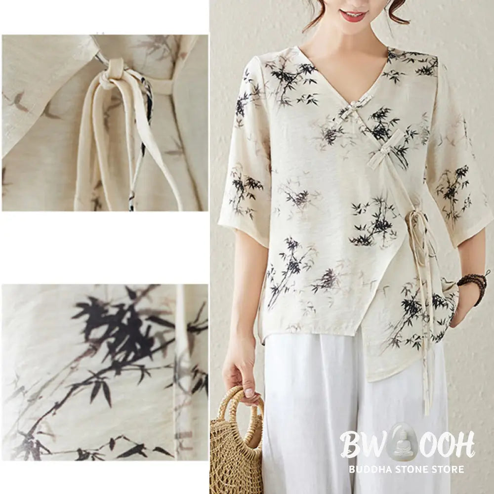 Buddha Stones Ink Bamboo Leaves Print V-Neck Lace-up Frog-Button Shirt T-shirt Tee - Women’s Shirts