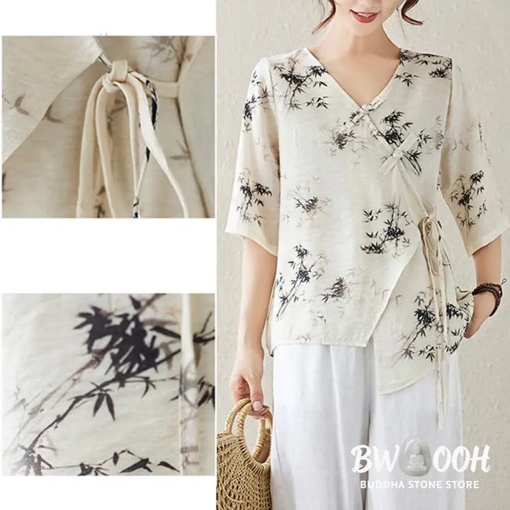Buddha Stones Ink Bamboo Leaves Print V-Neck Lace-up Frog-Button Shirt T-shirt Tee - Women’s Shirts