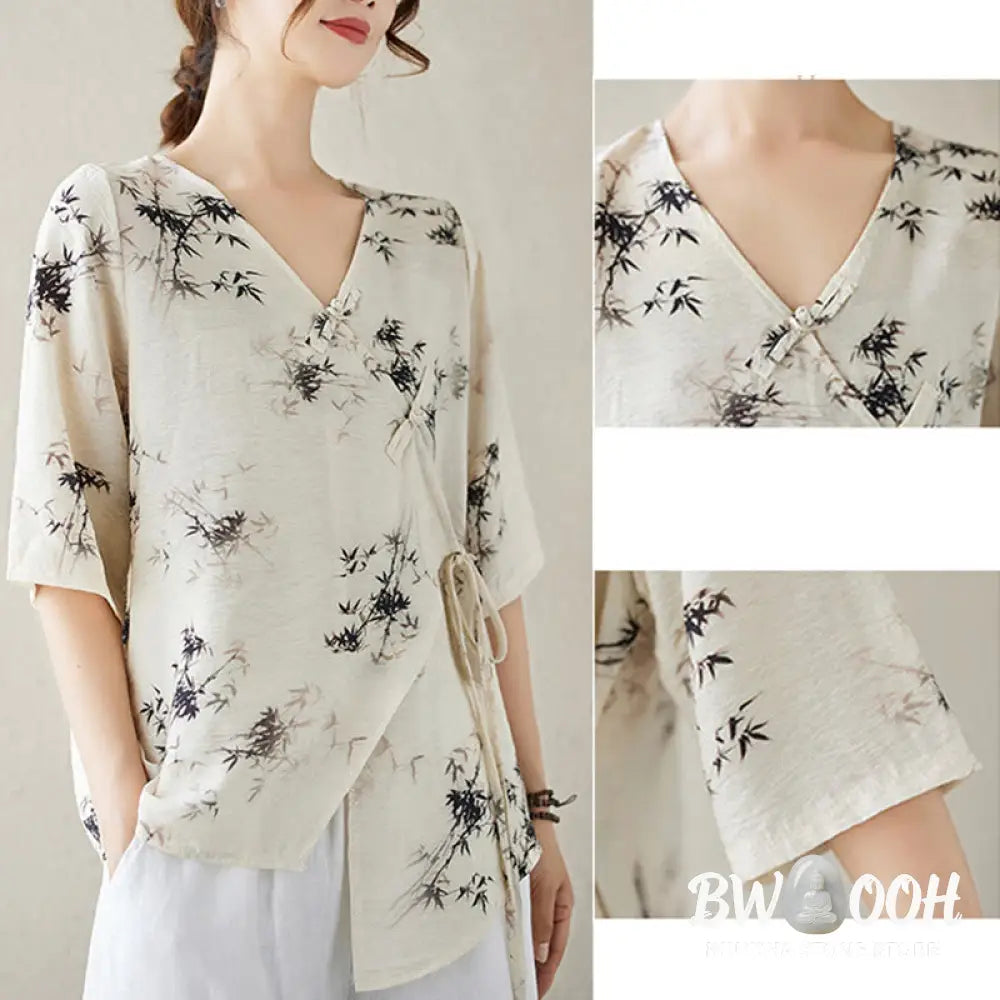 Buddha Stones Ink Bamboo Leaves Print V-Neck Lace-up Frog-Button Shirt T-shirt Tee - Women’s Shirts