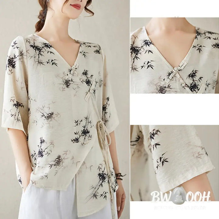 Buddha Stones Ink Bamboo Leaves Print V-Neck Lace-up Frog-Button Shirt T-shirt Tee - Women’s Shirts