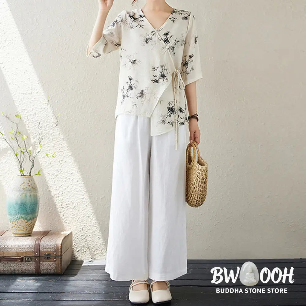 Buddha Stones Ink Bamboo Leaves Print V-Neck Lace-up Frog-Button Shirt T-shirt Tee - Women’s Shirts