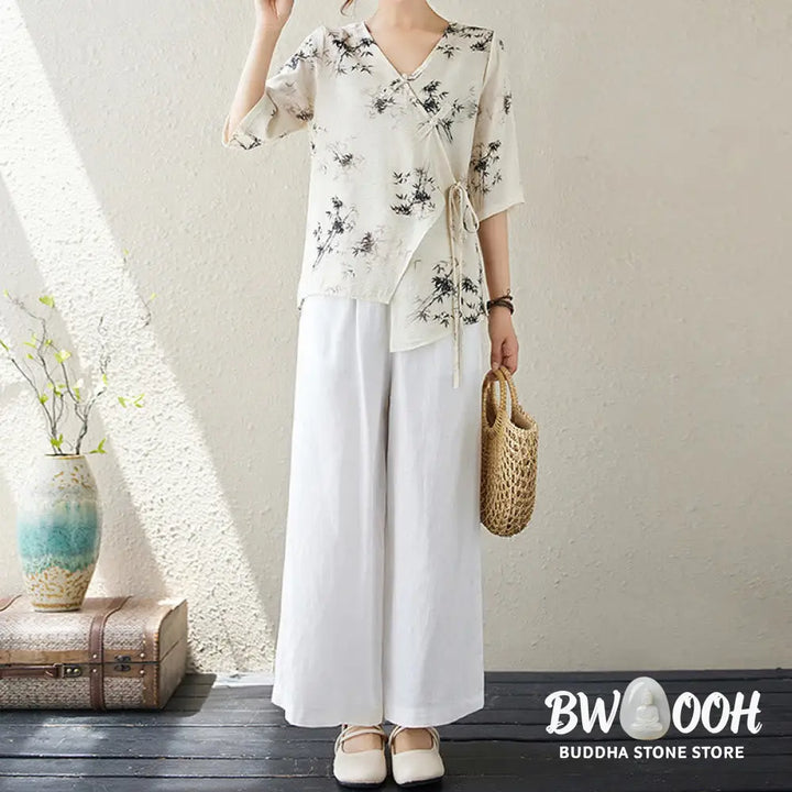 Buddha Stones Ink Bamboo Leaves Print V-Neck Lace-up Frog-Button Shirt T-shirt Tee - Women’s Shirts