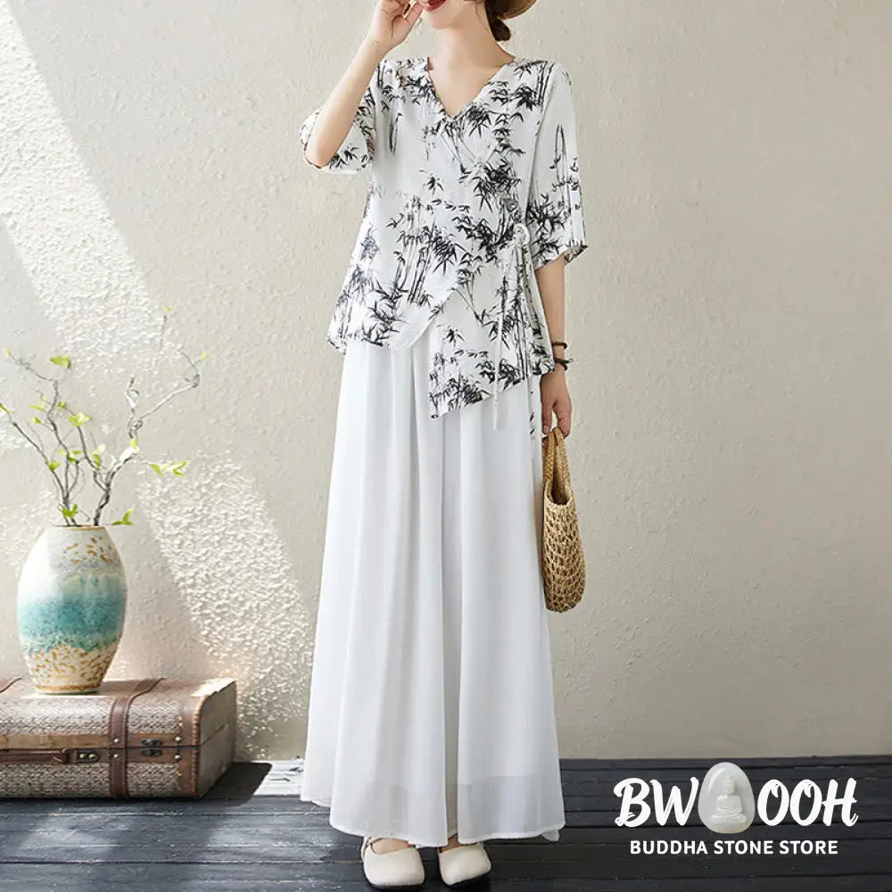 Buddha Stones Ink Bamboo Leaves Print V-Neck Lace-up Frog-Button Shirt T-shirt Tee - Women’s Shirts