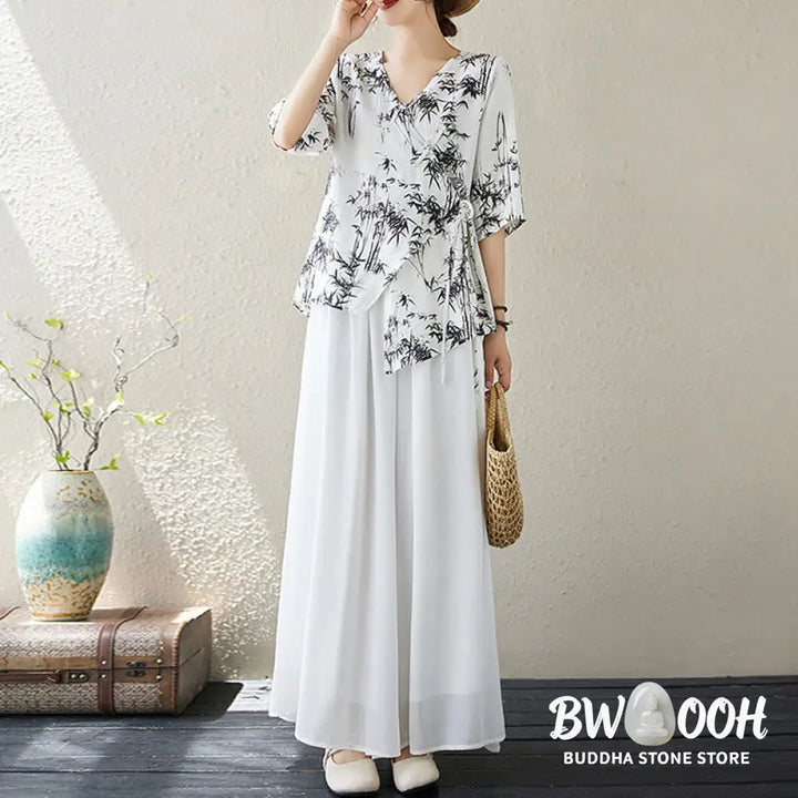 Buddha Stones Ink Bamboo Leaves Print V-Neck Lace-up Frog-Button Shirt T-shirt Tee - Women’s Shirts
