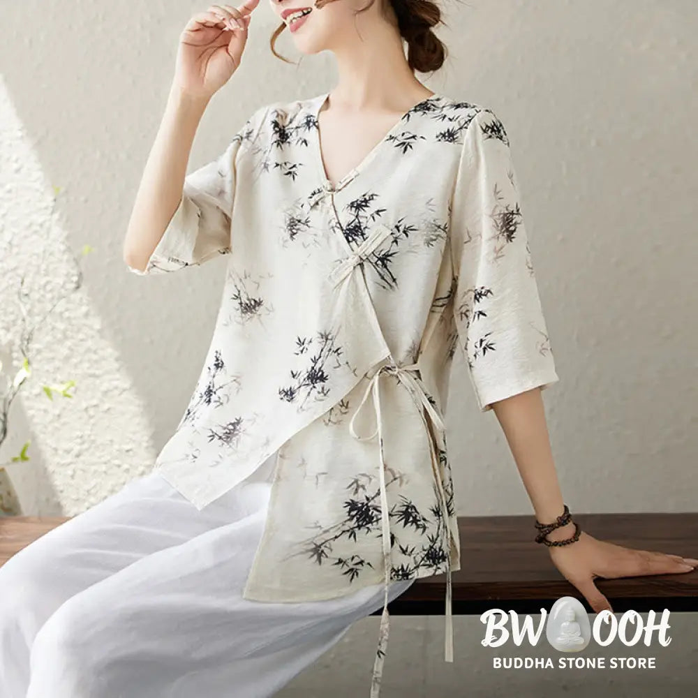 Buddha Stones Ink Bamboo Leaves Print V-Neck Lace-up Frog-Button Shirt T-shirt Tee - Women’s Shirts