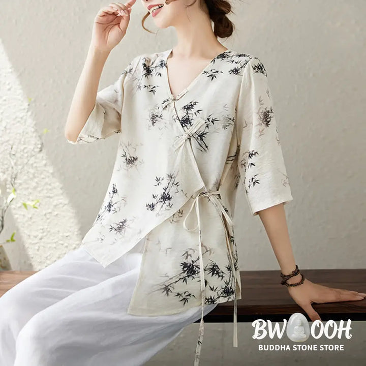 Buddha Stones Ink Bamboo Leaves Print V-Neck Lace-up Frog-Button Shirt T-shirt Tee - Women’s Shirts