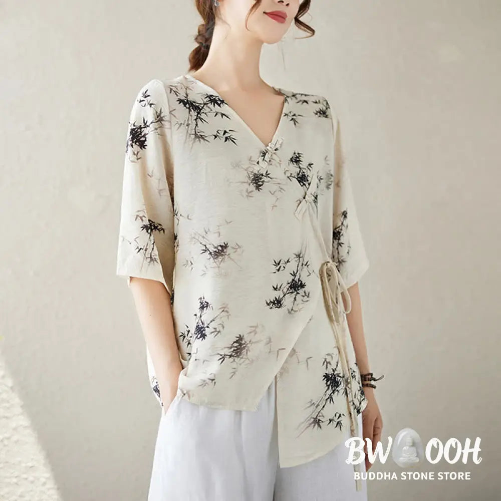 Buddha Stones Ink Bamboo Leaves Print V-Neck Lace-up Frog-Button Shirt T-shirt Tee - Women’s Shirts