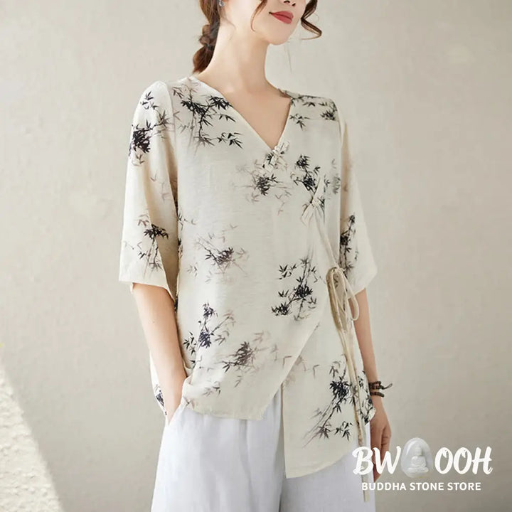 Buddha Stones Ink Bamboo Leaves Print V-Neck Lace-up Frog-Button Shirt T-shirt Tee - Women’s Shirts