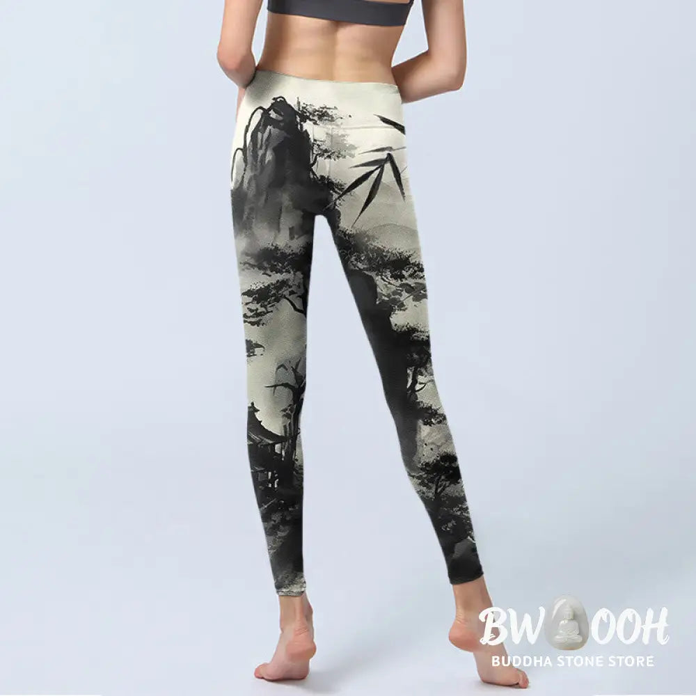 BWOOOH printed yoga leggings - Ink Bamboo Pine Mountains Print Gym Legg