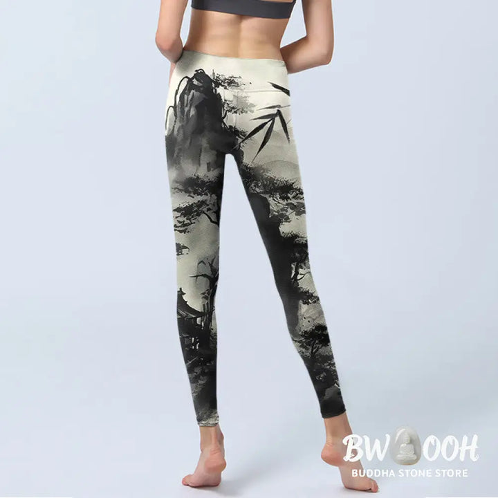 BWOOOH printed yoga leggings - Ink Bamboo Pine Mountains Print Gym Legg