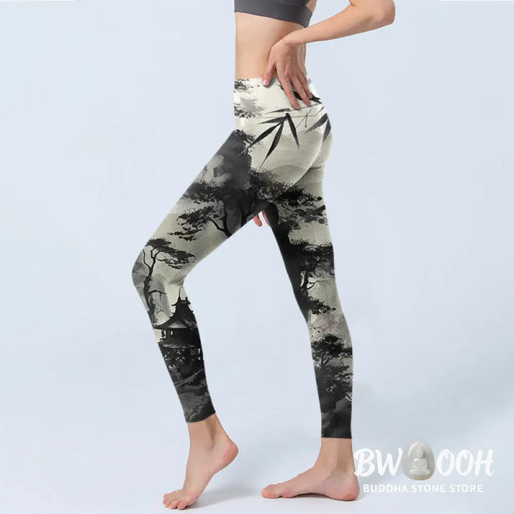 BWOOOH printed yoga leggings - Ink Bamboo Pine Mountains Print Gym Legg