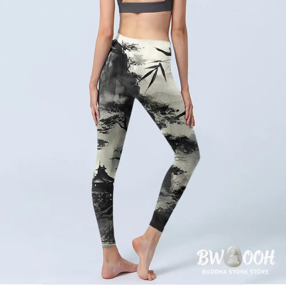 BWOOOH printed yoga leggings - Ink Bamboo Pine Mountains Print Gym Legg