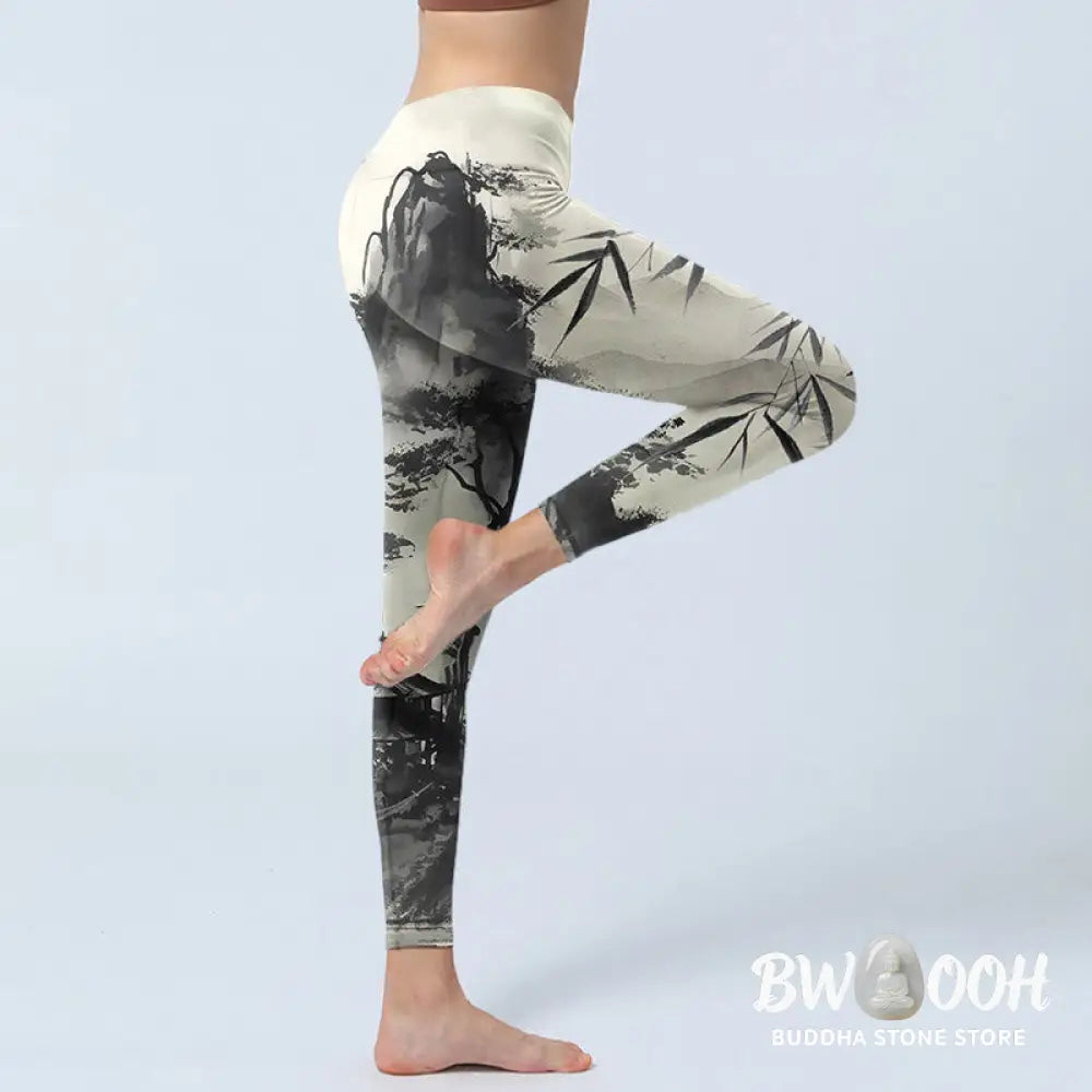 BWOOOH printed yoga leggings - Ink Bamboo Pine Mountains Print Gym Legg