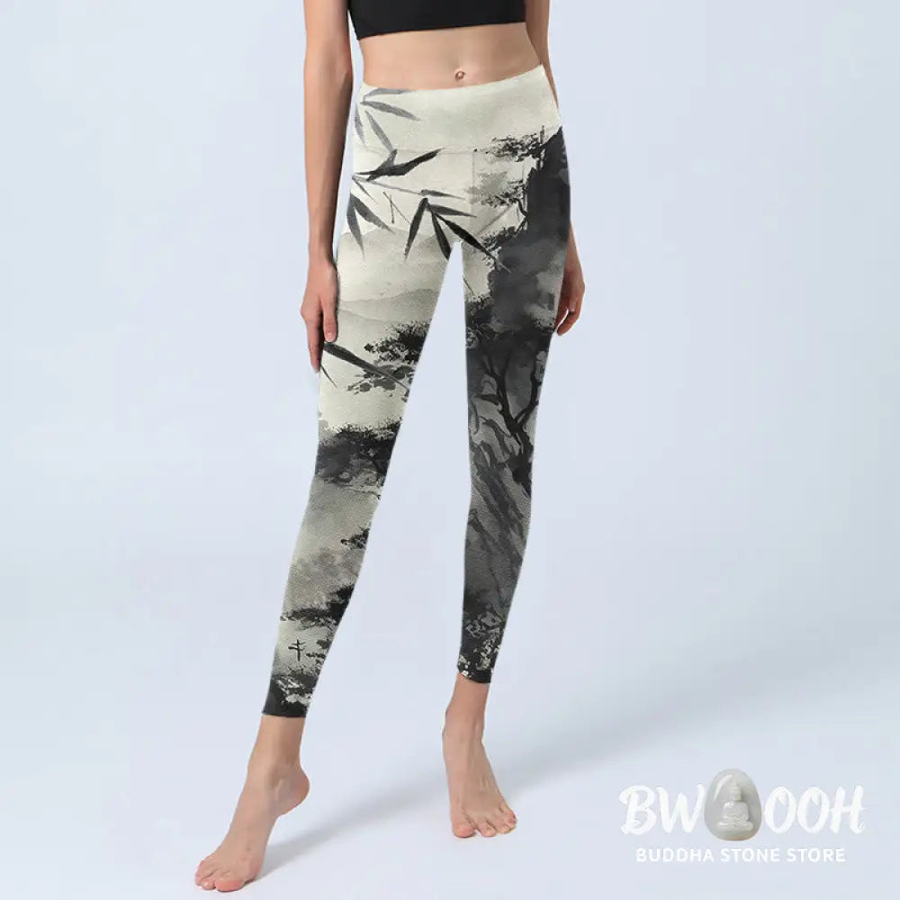 BWOOOH printed yoga leggings - Ink Bamboo Pine Mountains Print Gym Legg