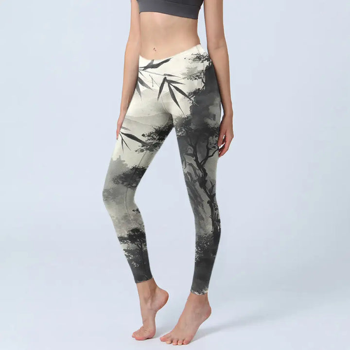 BWOOOH printed yoga leggings - Ink Bamboo Pine Mountains Print Gym Legg