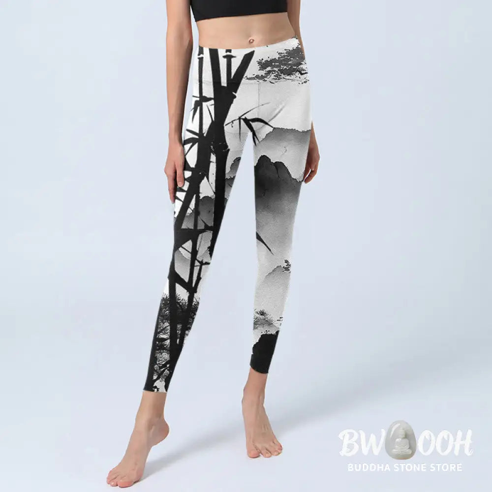 BWOOOH printed yoga leggings - Ink Painting Bamboo Pine Mountain Scener