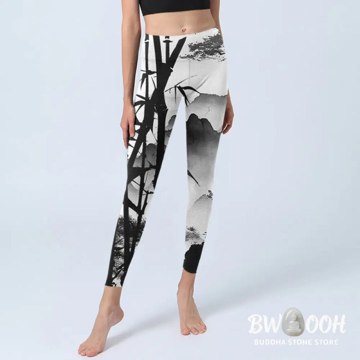 BWOOOH printed yoga leggings - Ink Painting Bamboo Pine Mountain Scener