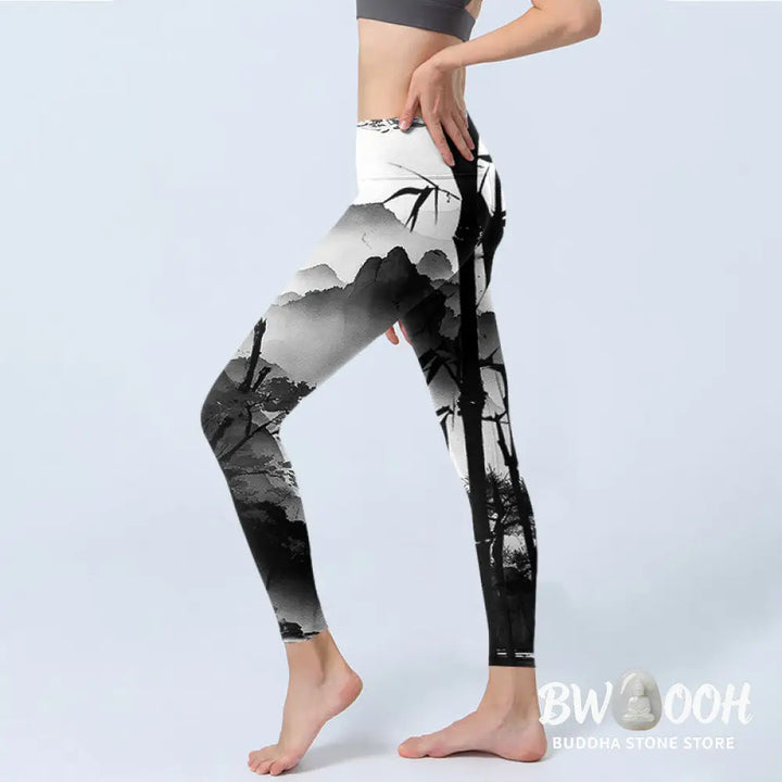 BWOOOH printed yoga leggings - Ink Painting Bamboo Pine Mountain Scener