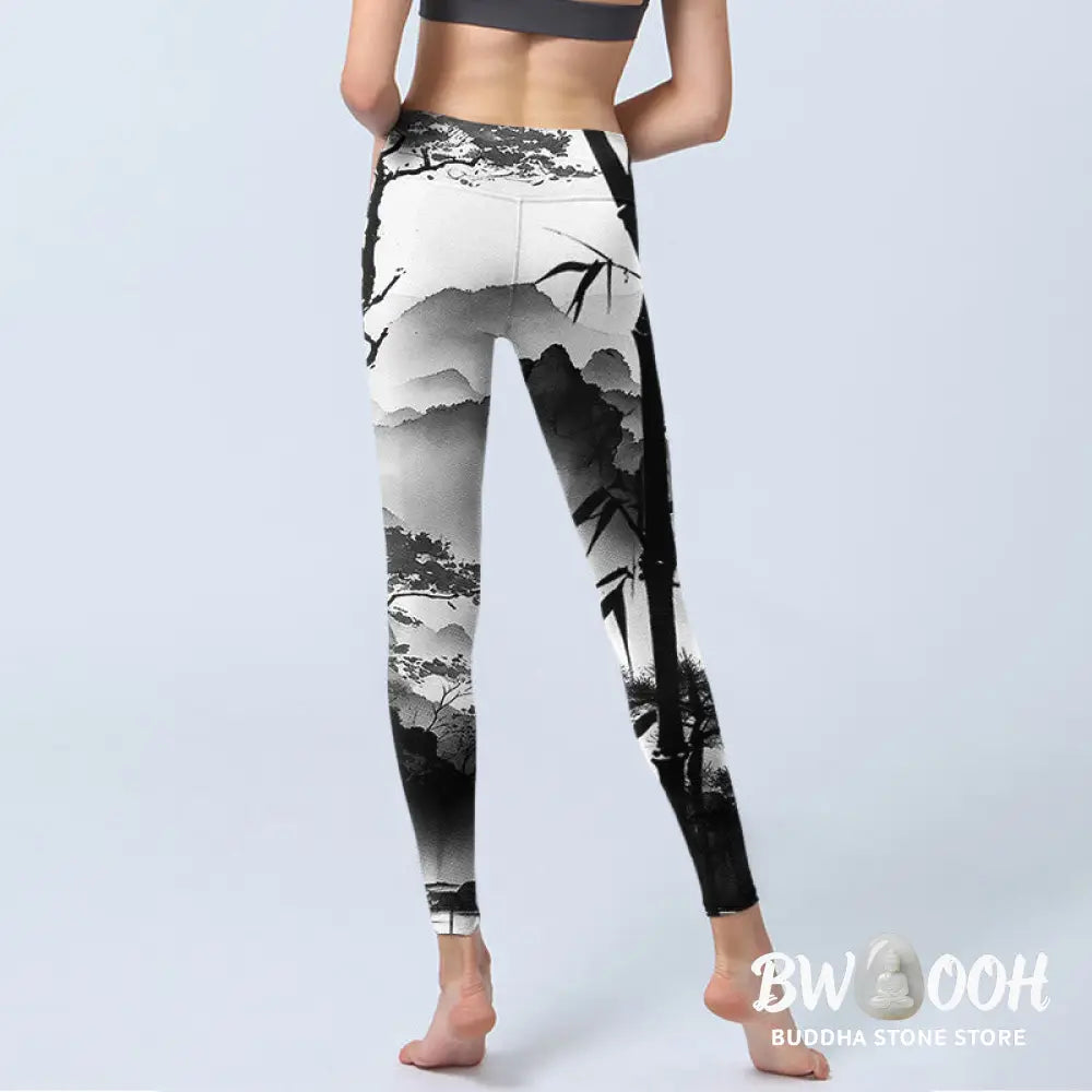 BWOOOH printed yoga leggings - Ink Painting Bamboo Pine Mountain Scener