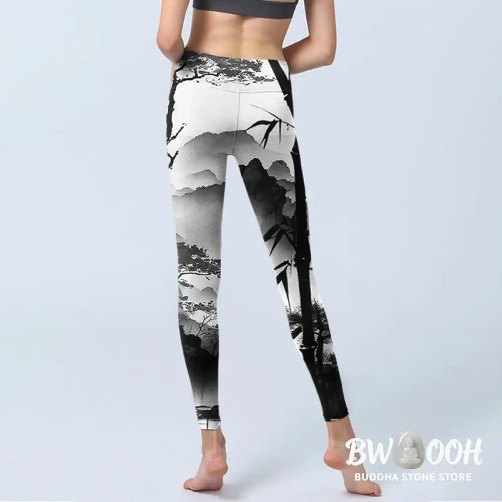 BWOOOH printed yoga leggings - Ink Painting Bamboo Pine Mountain Scener
