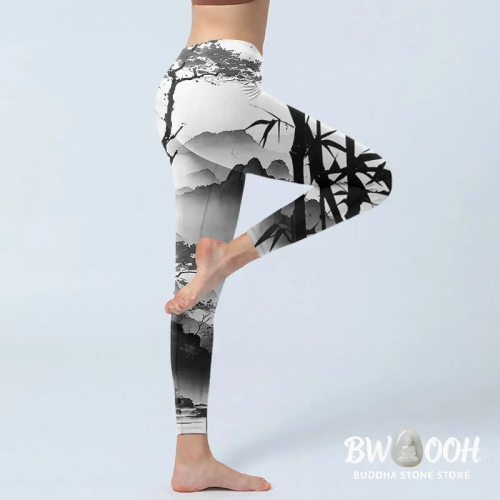 BWOOOH printed yoga leggings - Ink Painting Bamboo Pine Mountain Scener