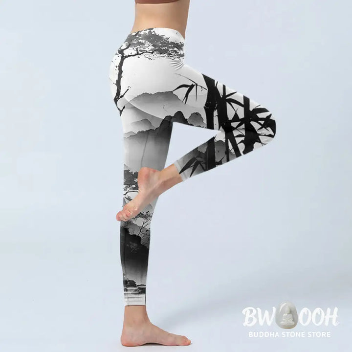 BWOOOH printed yoga leggings - Ink Painting Bamboo Pine Mountain Scener