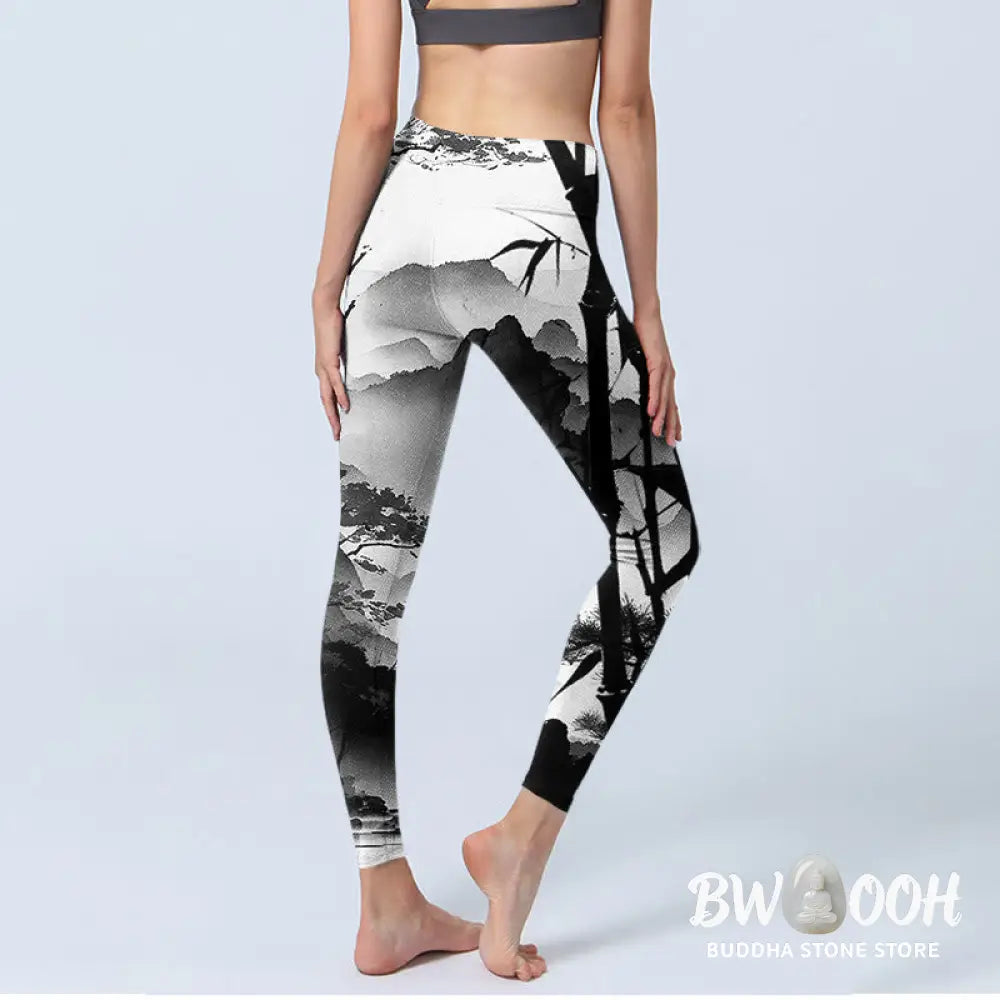 BWOOOH printed yoga leggings - Ink Painting Bamboo Pine Mountain Scener