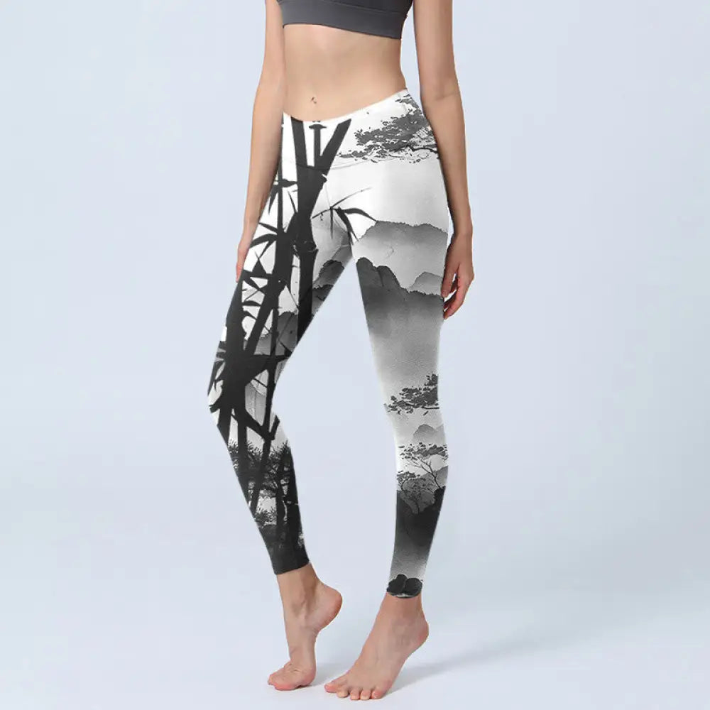 BWOOOH printed yoga leggings - Ink Painting Bamboo Pine Mountain Scener