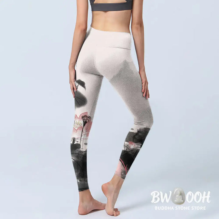 BWOOOH lotus print yoga leggings - Ink Painting Lotus Flower Leaf Print Gym