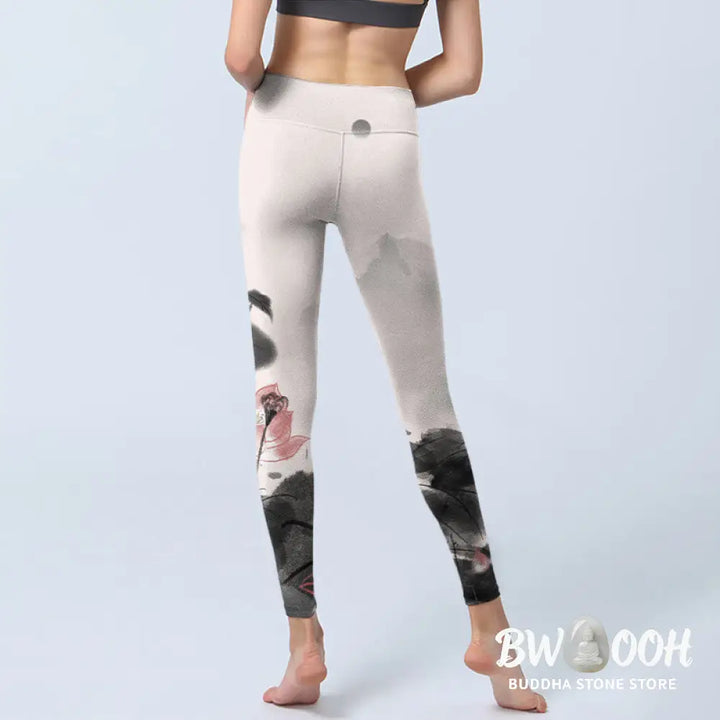BWOOOH lotus print yoga leggings - Ink Painting Lotus Flower Leaf Print Gym