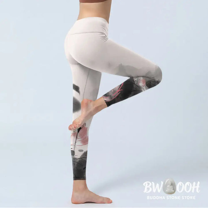 BWOOOH lotus print yoga leggings - Ink Painting Lotus Flower Leaf Print Gym