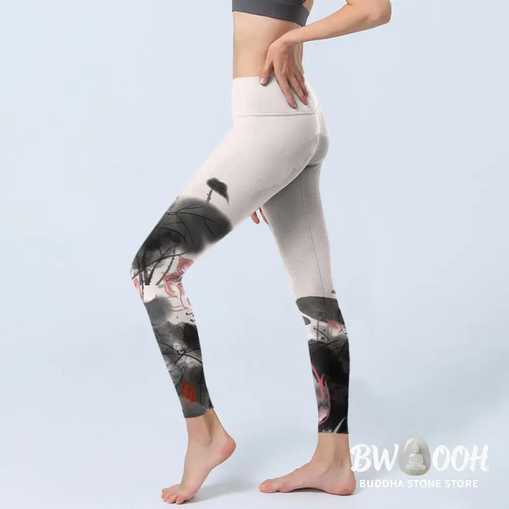 BWOOOH lotus print yoga leggings - Ink Painting Lotus Flower Leaf Print Gym