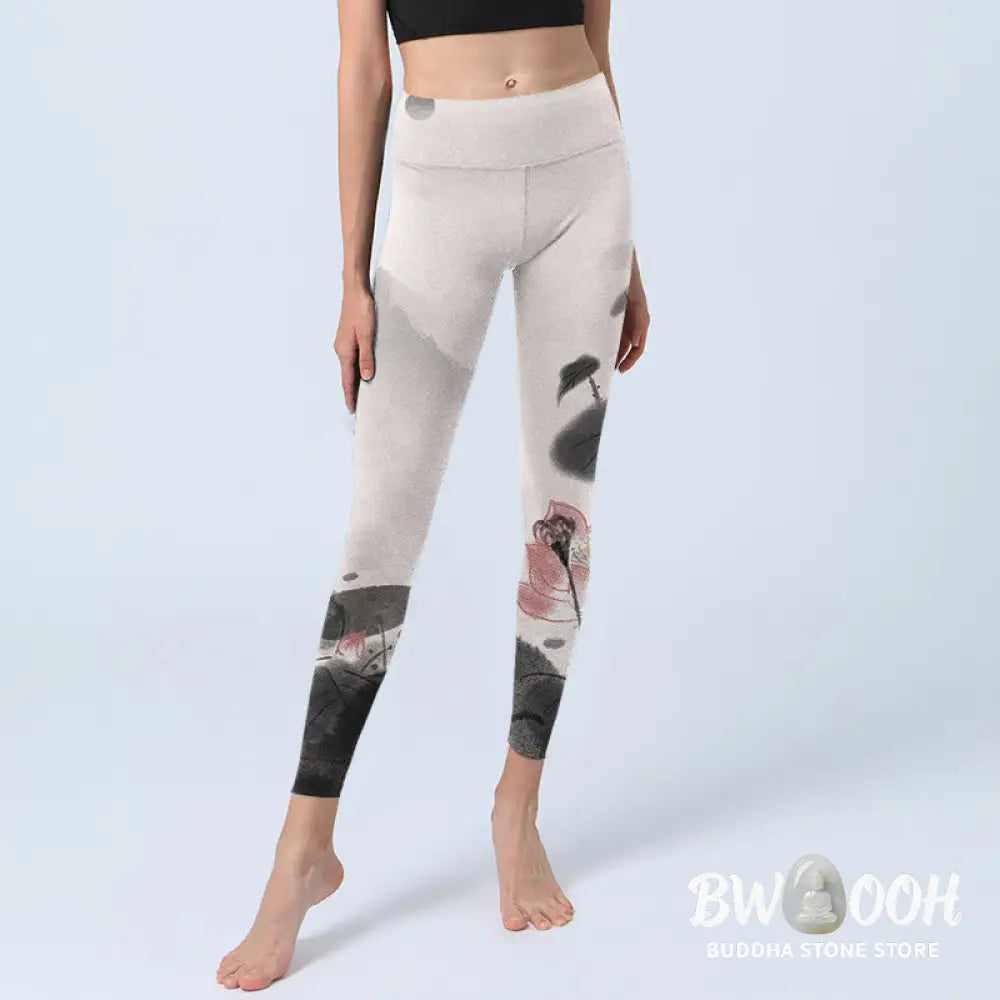 BWOOOH lotus print yoga leggings - Ink Painting Lotus Flower Leaf Print Gym