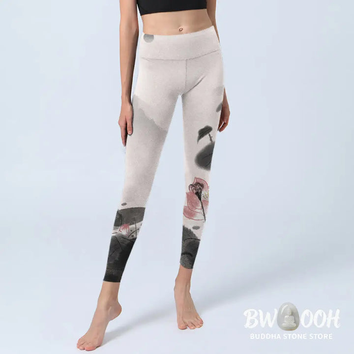 BWOOOH lotus print yoga leggings - Ink Painting Lotus Flower Leaf Print Gym