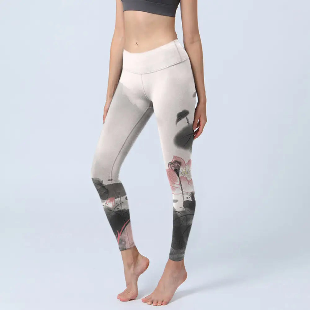 BWOOOH lotus print yoga leggings - Ink Painting Lotus Flower Leaf Print Gym
